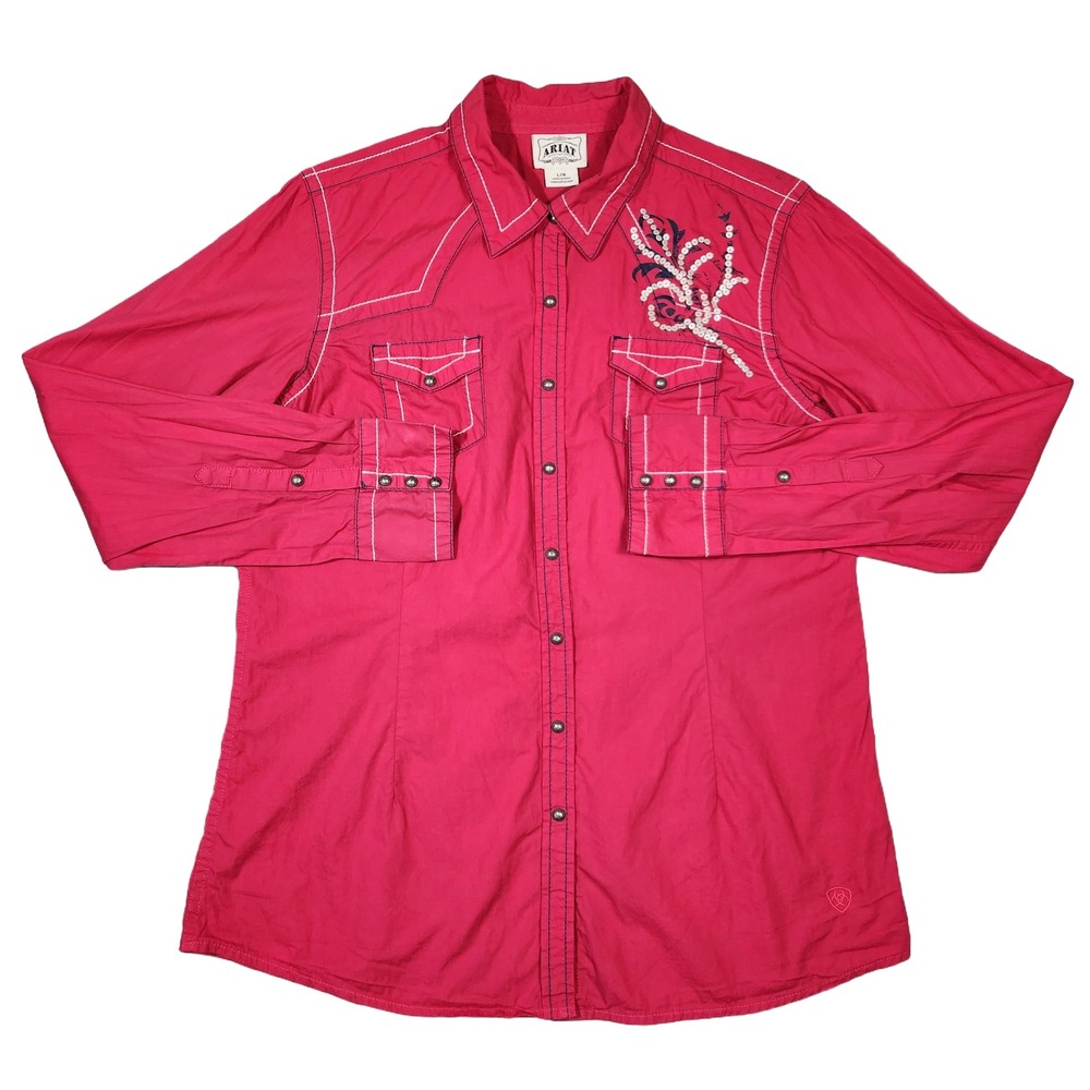 Ariat Shirt Womens L Pink‎ Button Up Western Cowgirl Embroidered Rodeo Riding